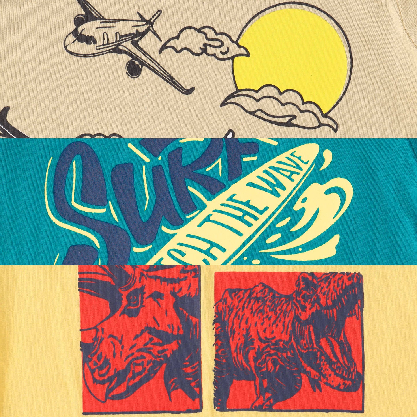 "Boys Cotton Printed T-Shirt Combo Pack of 3 – Surf Rider, Dinosaur & Airplane Design"