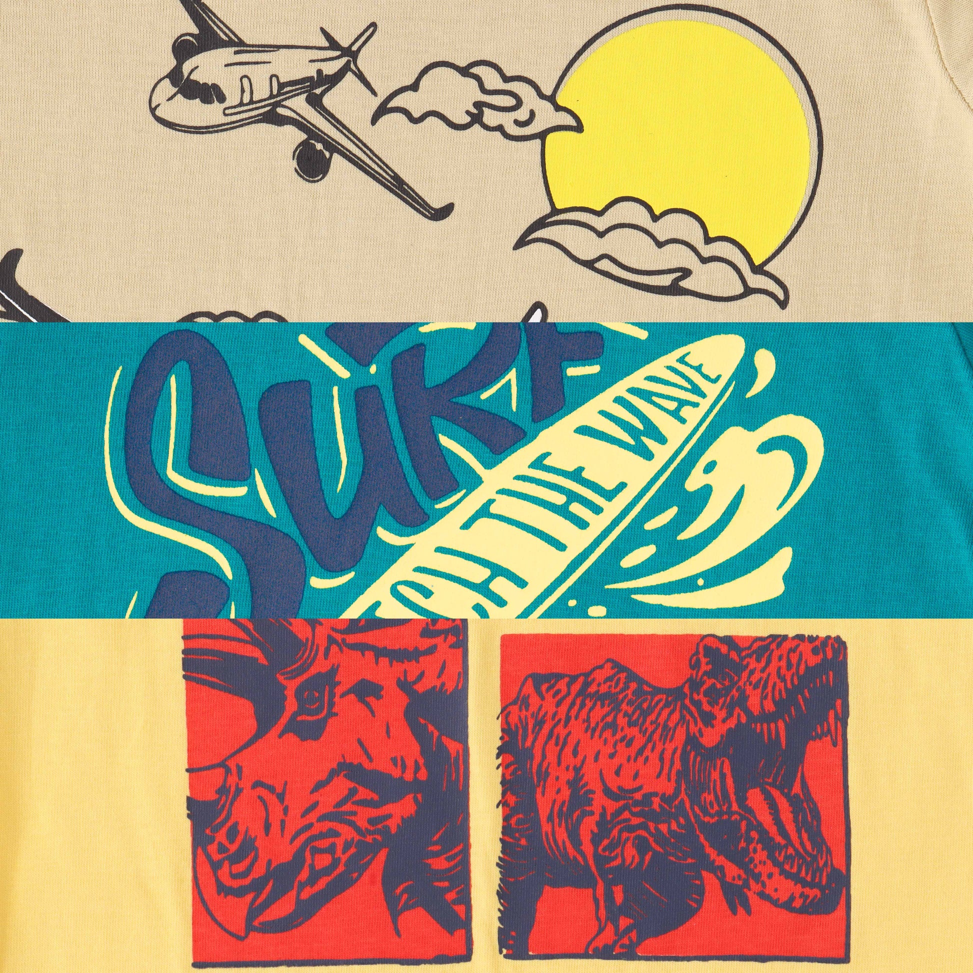 "Boys Cotton Printed T-Shirt Combo Pack of 3 – Surf Rider, Dinosaur & Airplane Design"