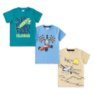 "Boys Cotton Printed T-Shirt Combo Pack of 3 – Surf Rider, Racing Car & Airplane Design"
