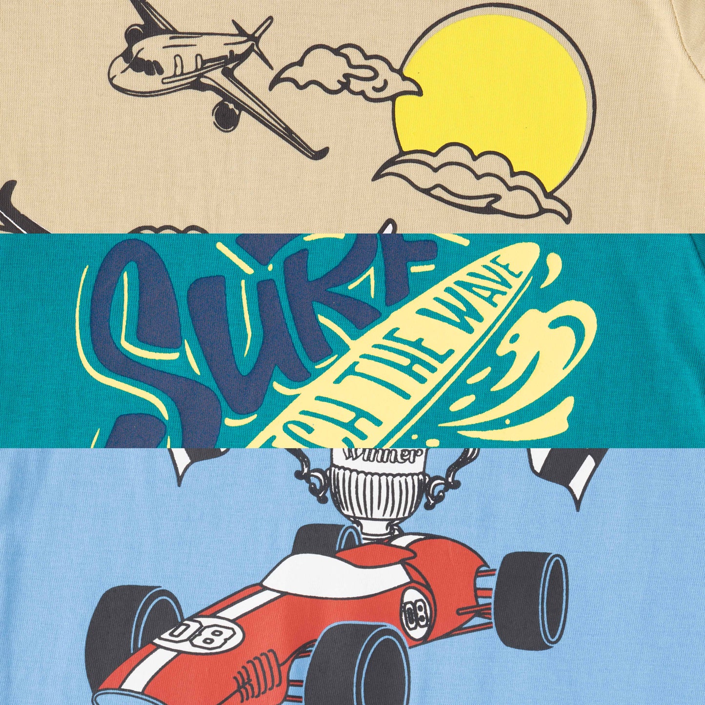 "Boys Cotton Printed T-Shirt Combo Pack of 3 – Surf Rider, Racing Car & Airplane Design"