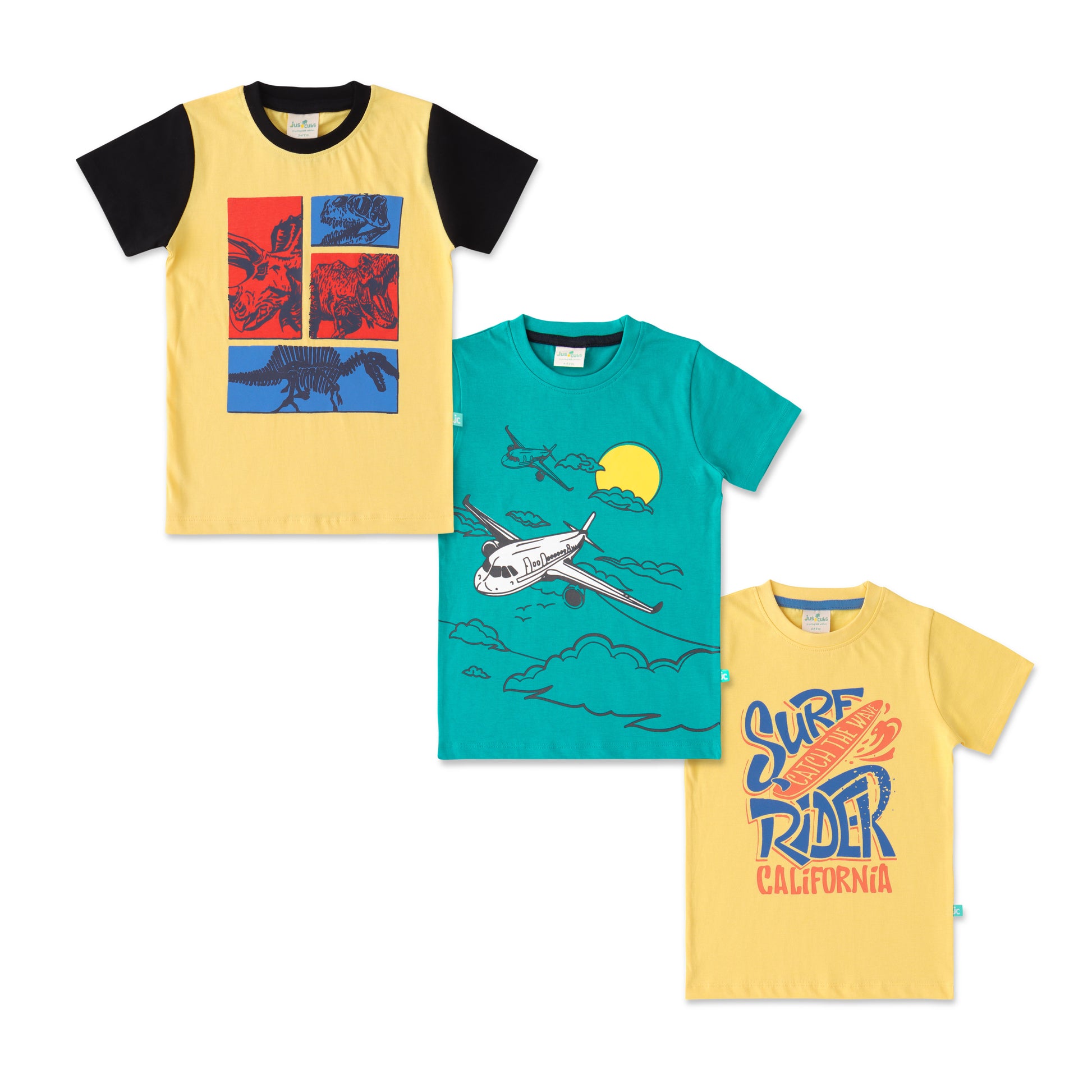 "Boys' Pack of 3 Graphic Printed T-Shirts – Dinosaur, Airplane & Surf Rider Designs"