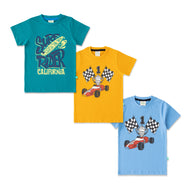 "Boys Cotton Printed T-Shirt Combo Pack of 3 – Surf Rider & Race Car Design"