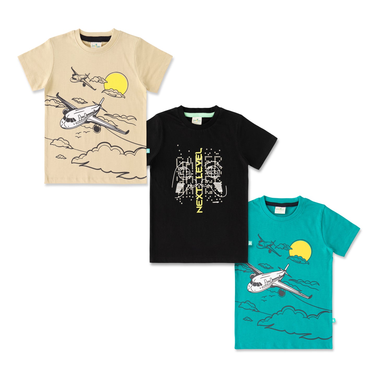 "Boys' Graphic T-Shirt Combo Pack – Set of 3 Airplane & Tech-Themed Tees (Beige, Black, Teal)"