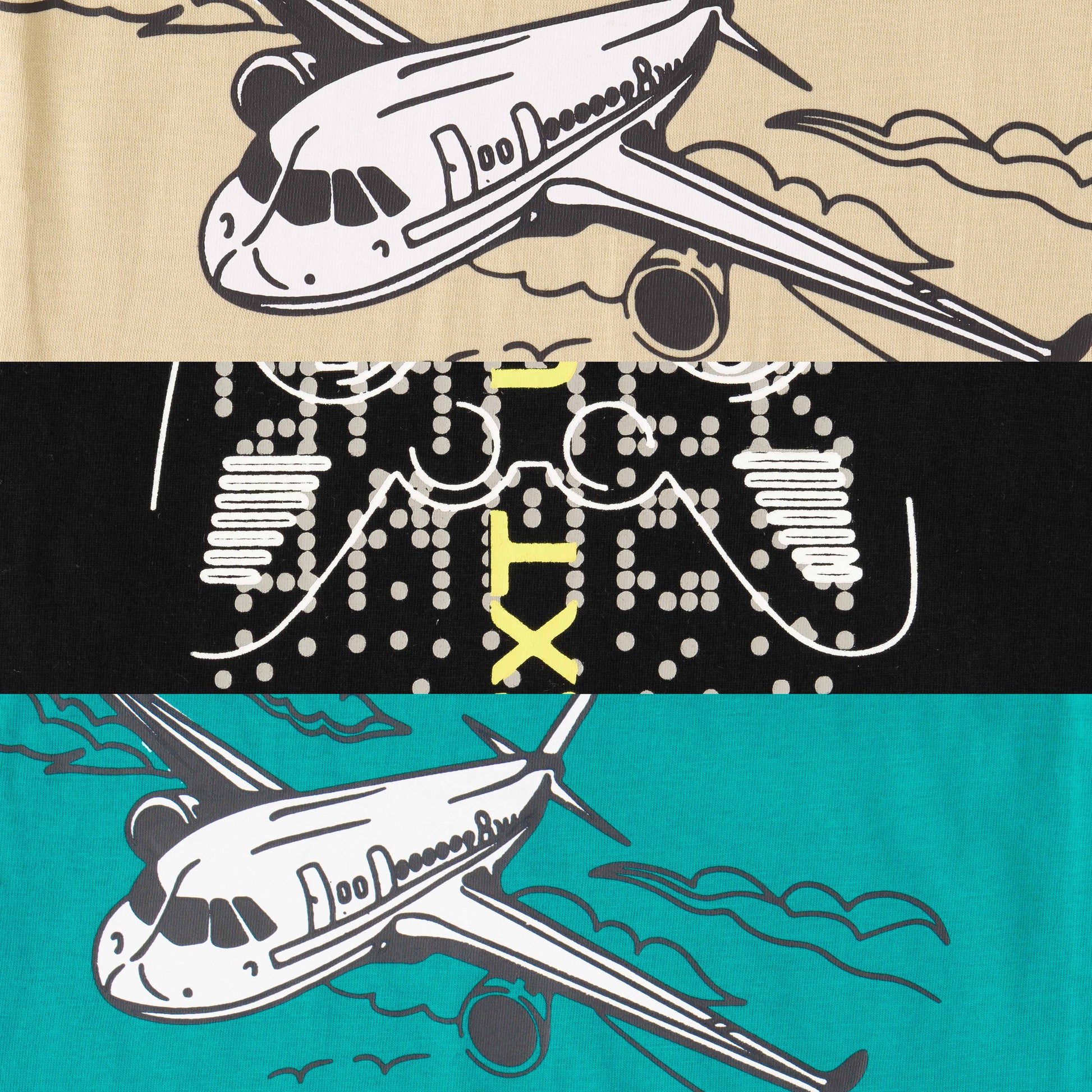 "Boys' Graphic T-Shirt Combo Pack – Set of 3 Airplane & Tech-Themed Tees (Beige, Black, Teal)"