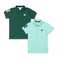 Boys' Pack of 2 Polo T-Shirts – Green & Sky Blue with Embroidered Logo