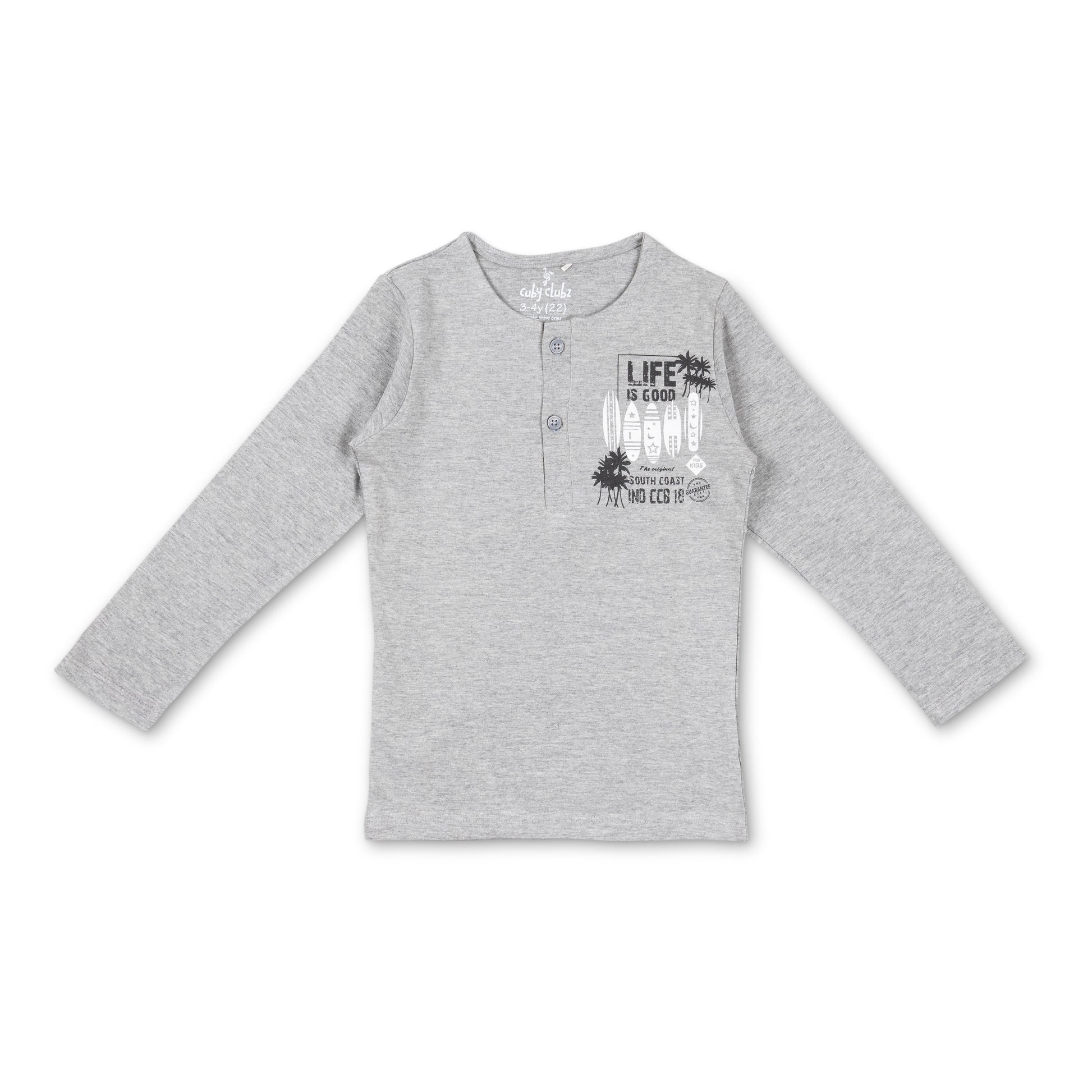 Boys' Grey Henley T-Shirt - "Life is Good" Surf Graphic Long Sleeve