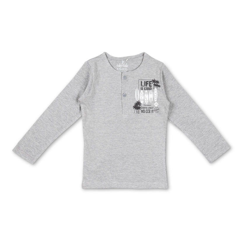 Boys' Grey Henley T-Shirt - "Life is Good" Surf Graphic Long Sleeve