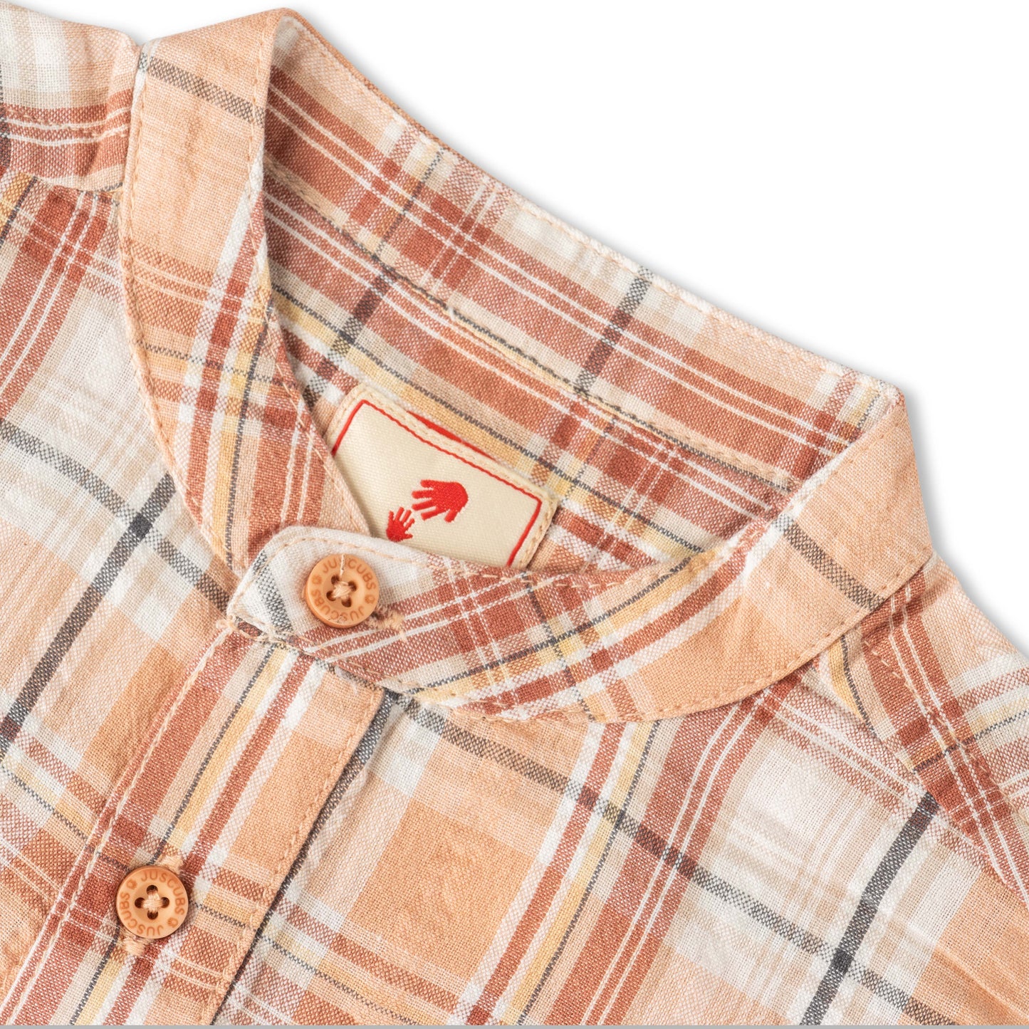 Boy's Mandarin Collar Plaid Shirt – Beige & White Checkered