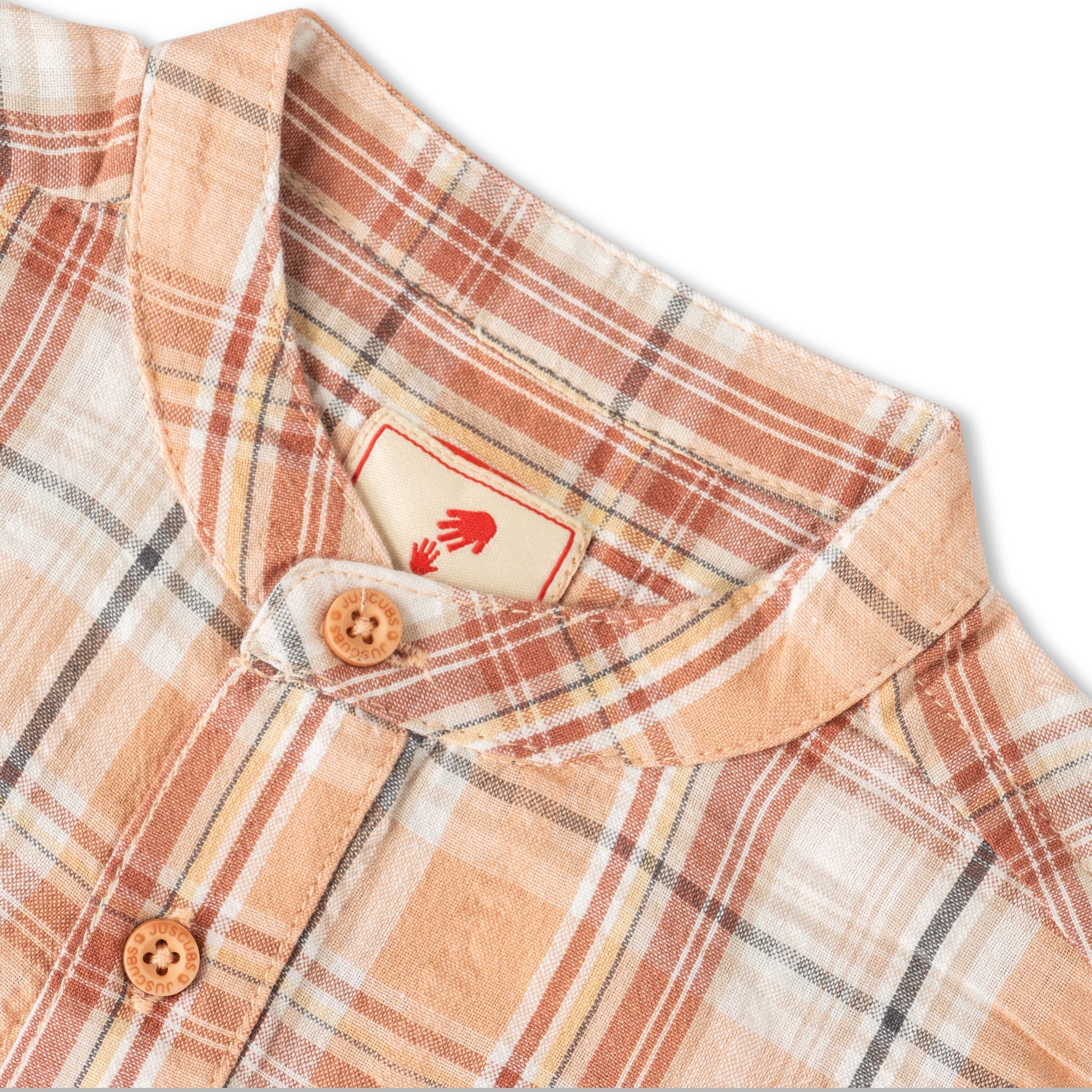 Boy's Mandarin Collar Plaid Shirt – Beige & White Checkered