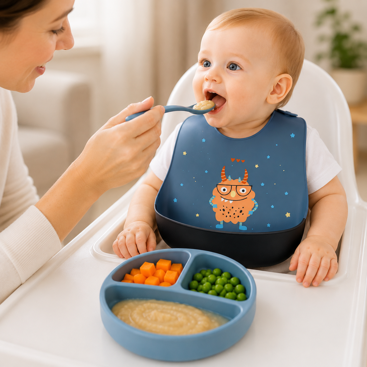 Kids Silicone Feeding Bib with Monster Print – Blue & Black