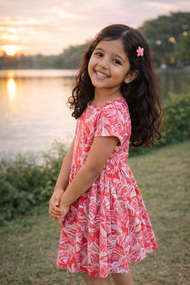 "Girls Red Leaf Print Dress with Button & Frill Detail – Short Sleeves"