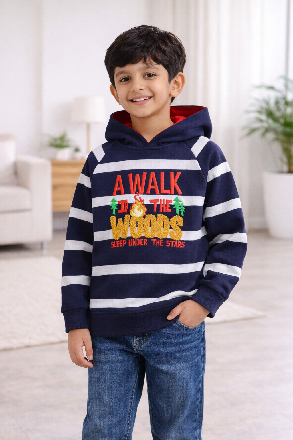 Boys Casual Navy Hoodie Sweatshirt – “A Walk in the Woods” Print