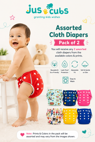 Baby Reusable Adjustable Cloth Diaper Pack of 2 – Assorted Printed & Solid | Washable with 2 inserts