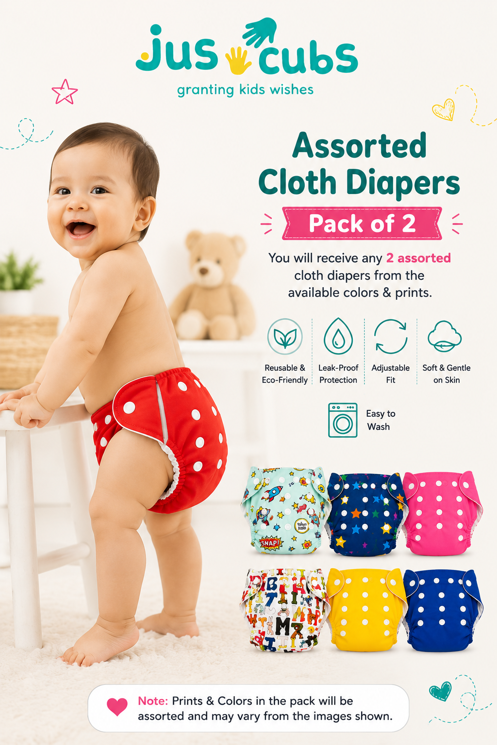 Baby Reusable Adjustable Cloth Diaper Pack of 2 – Assorted Printed & Solid | Washable with 2 inserts