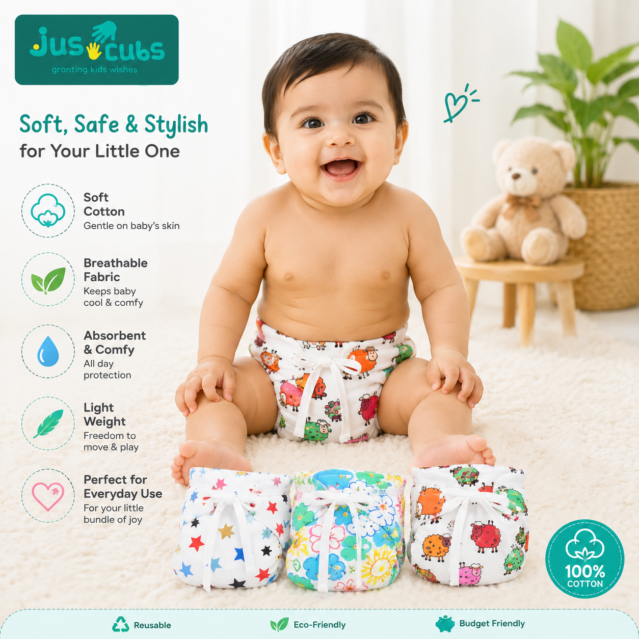 JusCubs Reusable Cotton Cloth Nappy for Babies, Adjustable Washable Cloth Nappy, Soft & Breathable, Prints & Colors, Pack of 3