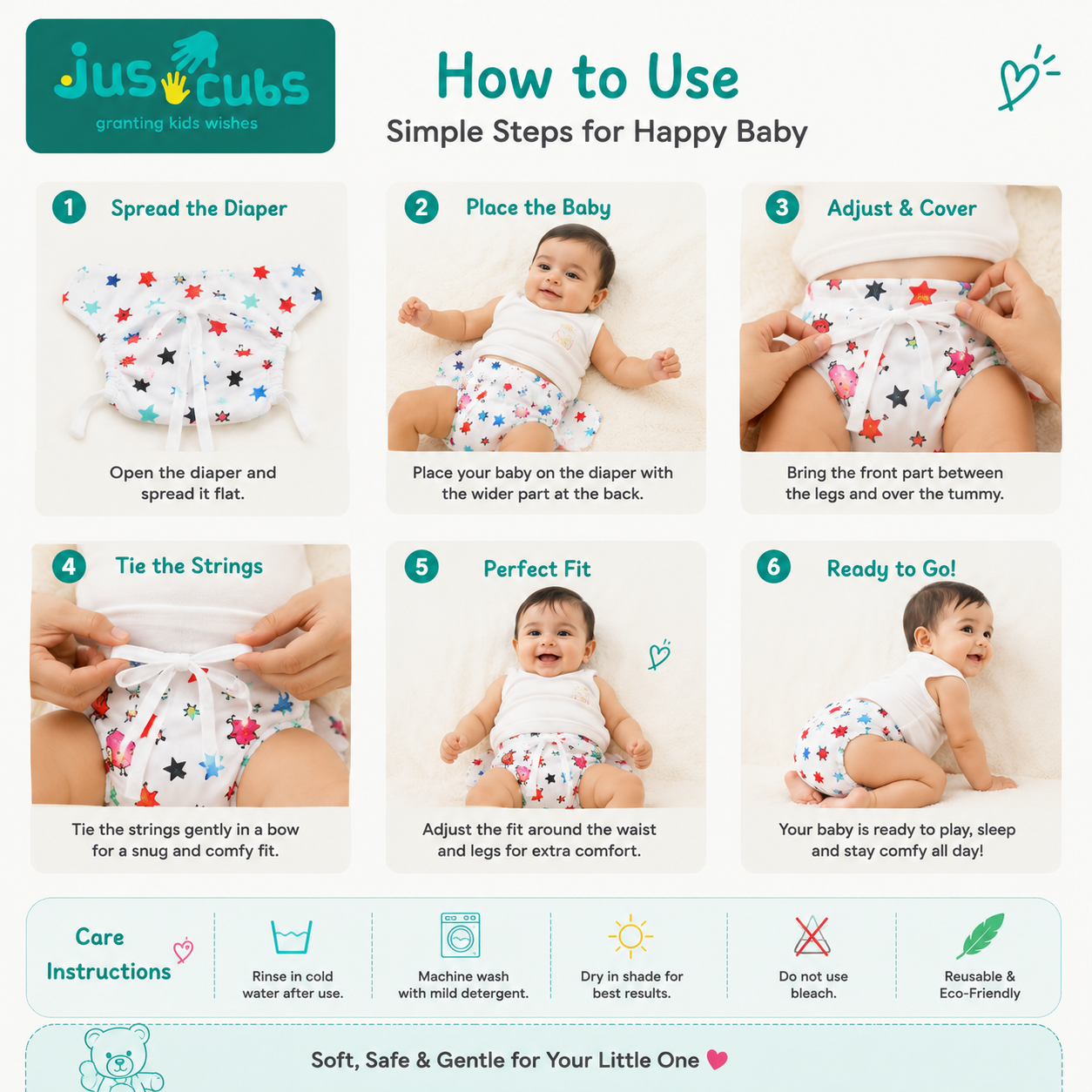 JusCubs Reusable Cotton Cloth Nappy for Babies, Adjustable Washable Cloth Nappy, Soft & Breathable, Prints & Colors, Pack of 3