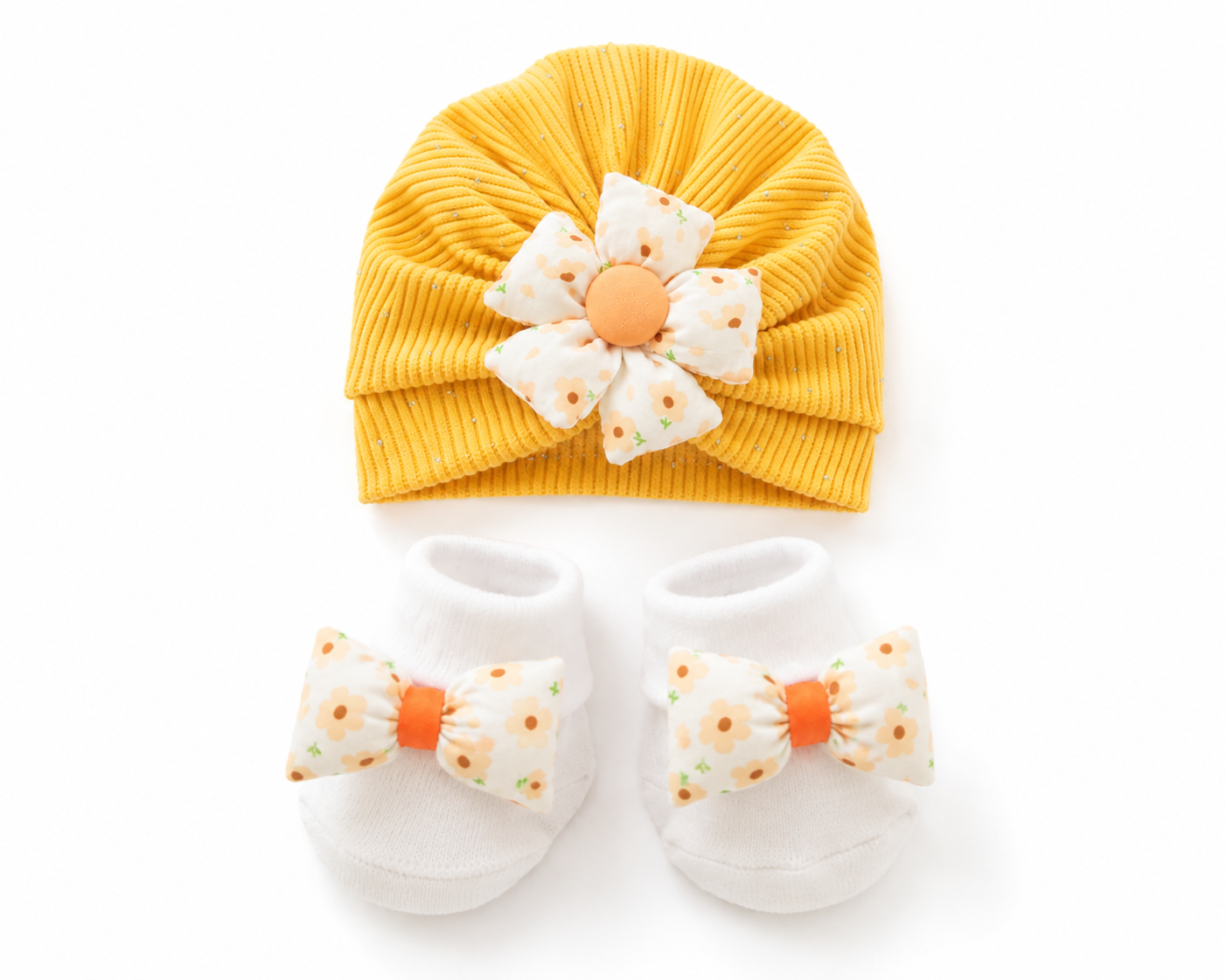 JusCubs Baby Girls Turban Cap & Booties Gift Set – Yellow Floral Bow