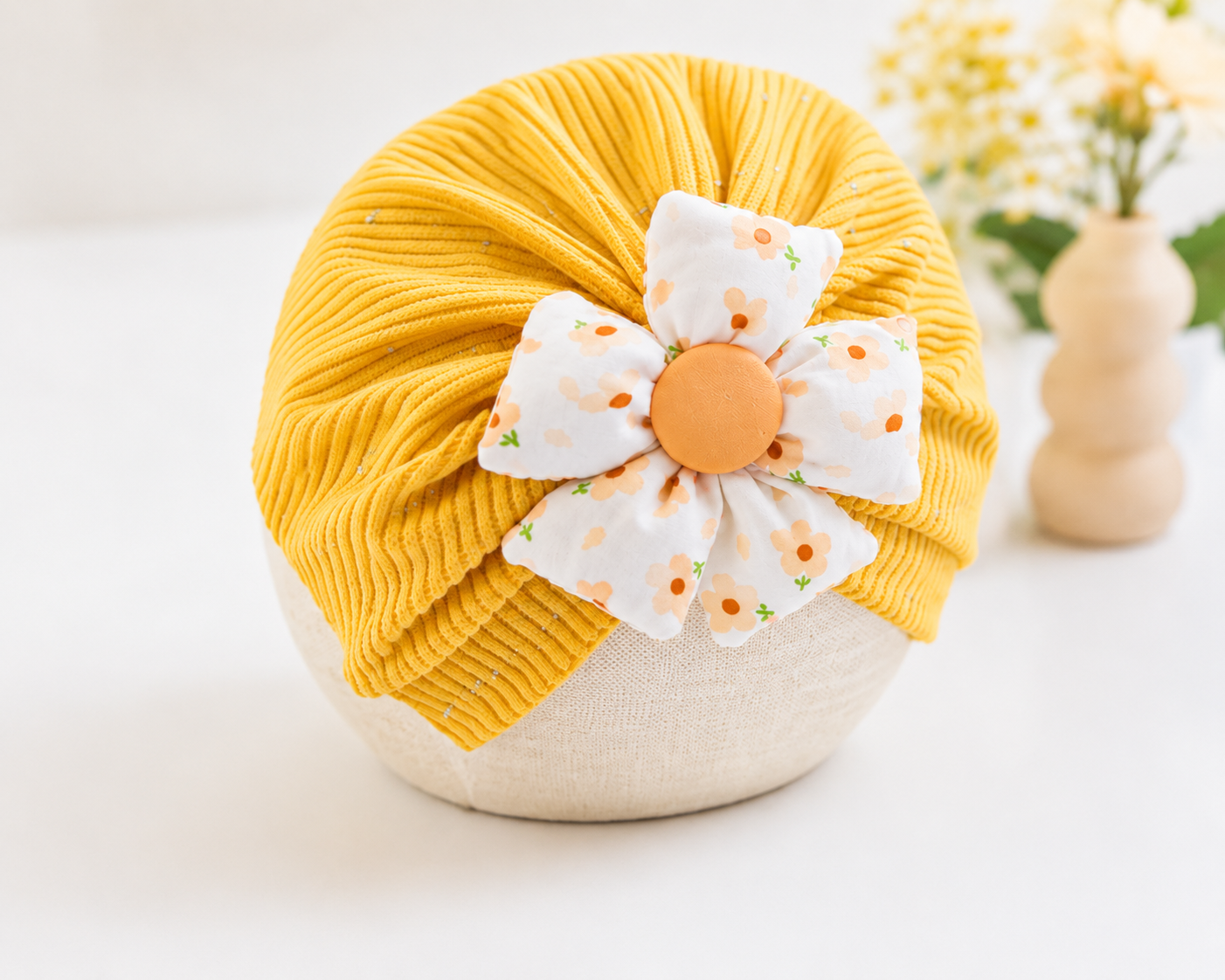 JusCubs Baby Girls Turban Cap & Booties Gift Set – Yellow Floral Bow