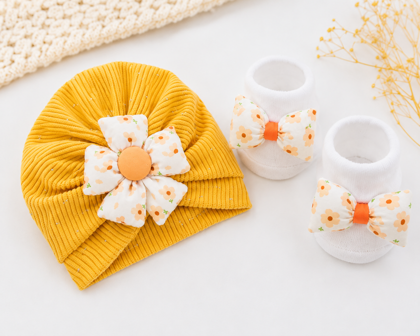 JusCubs Baby Girls Turban Cap & Booties Gift Set – Yellow Floral Bow