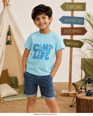 Boys Sky Blue "Camp Life" Graphic Printed Cotton T-Shirt