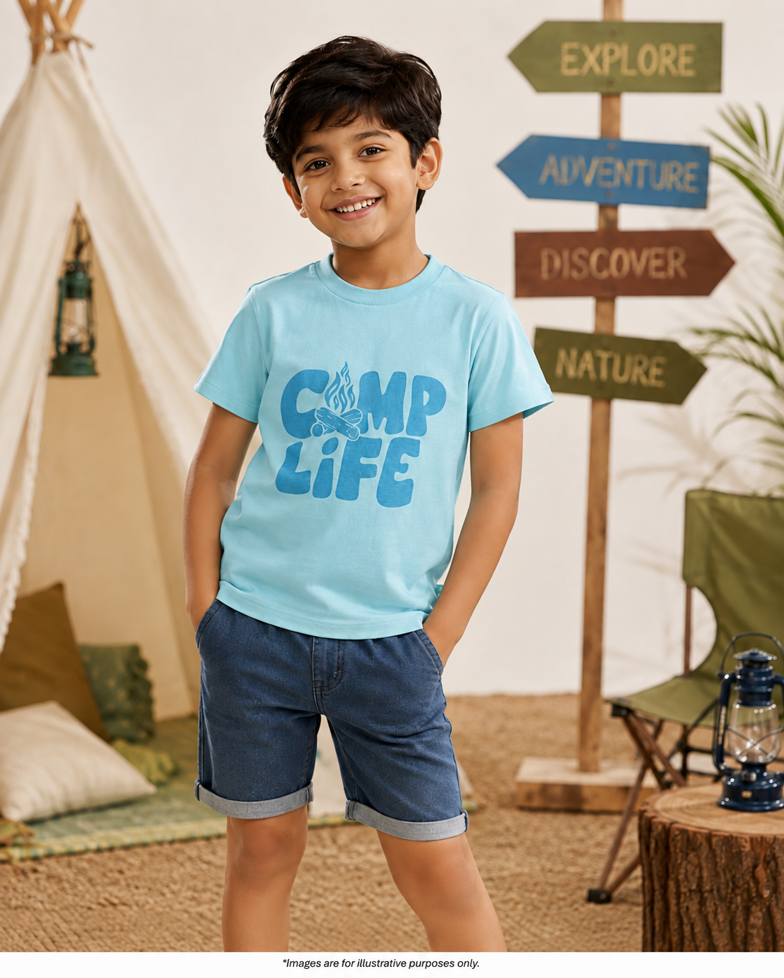 Boys Sky Blue "Camp Life" Graphic Printed Cotton T-Shirt