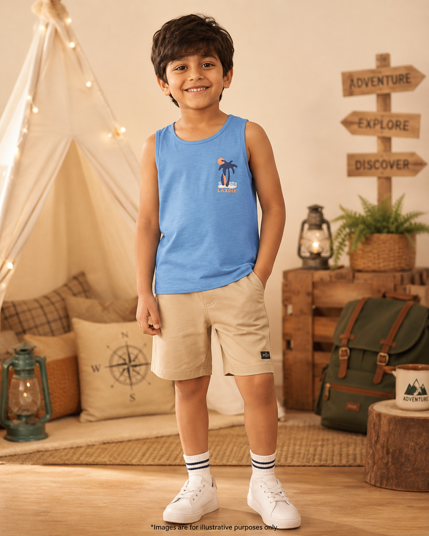 JusCubs Boys Sky Blue Sleeveless Tank Top with Palm Tree Graphic Print