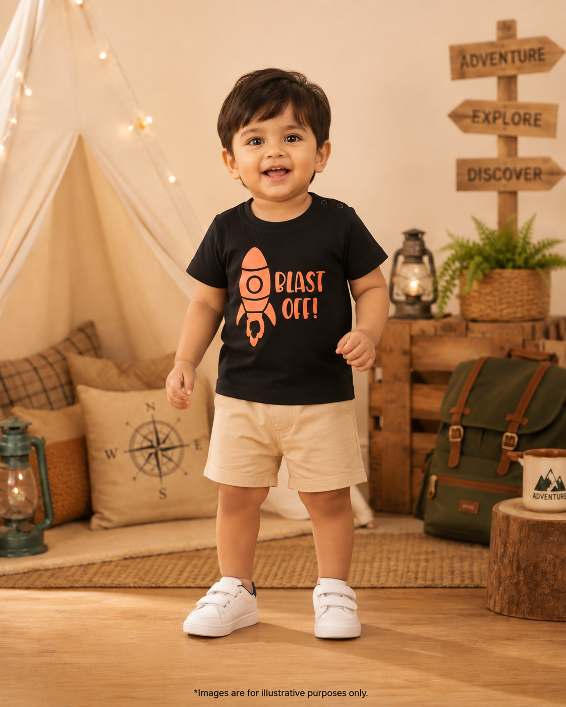 Baby Boys Black Rocket Graphic Printed Cotton T-Shirt