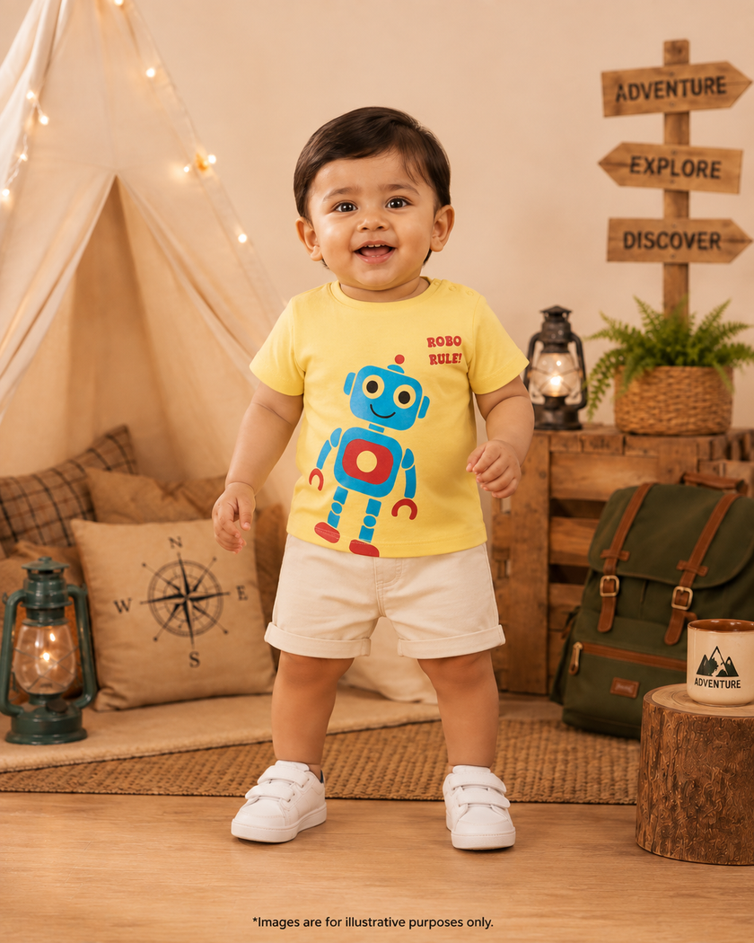 Baby Boys Yellow Robot Graphic Printed Cotton T-Shirt