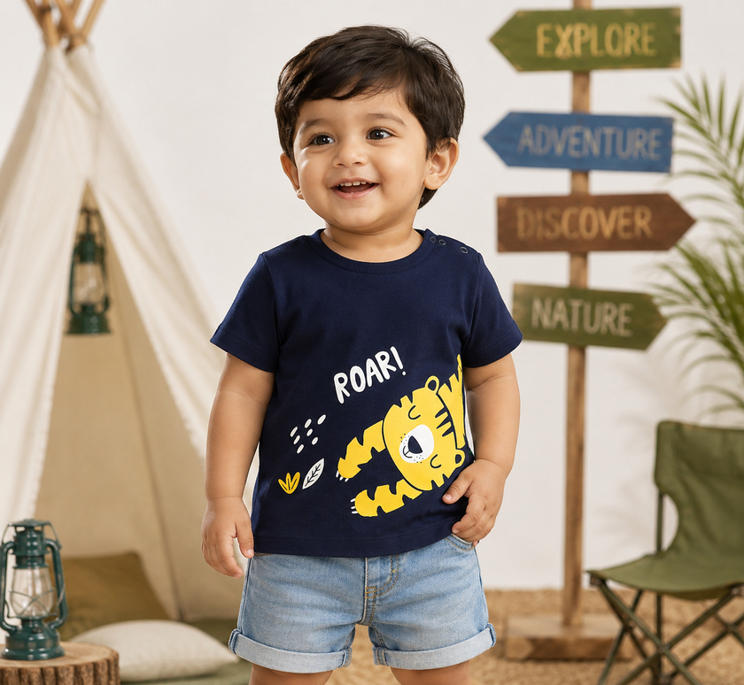Baby Boys Navy Blue Tiger Graphic Printed Cotton T-Shirt