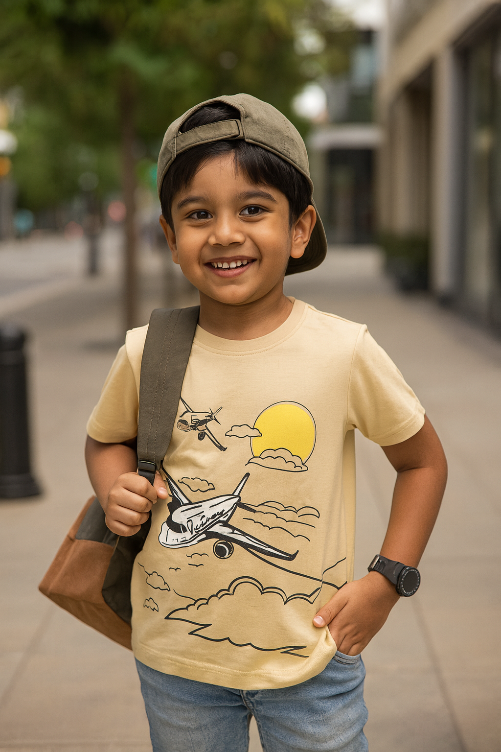 Boys' Airplane Graphic T-Shirt - Beige Sky Adventure Print