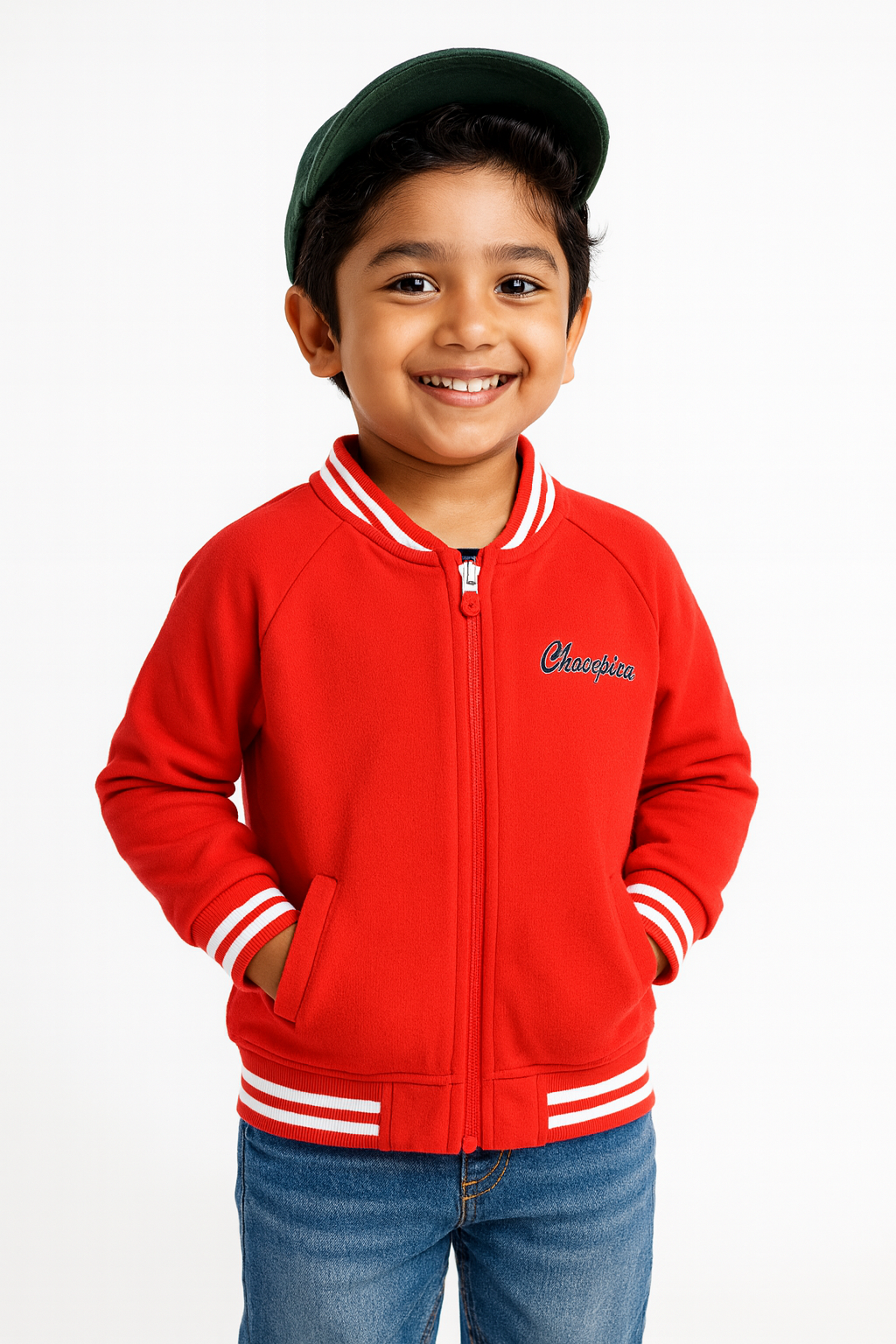 Boys' Red Varsity Zip-Up Jacket – Stylish Sportswear with Striped Trim
