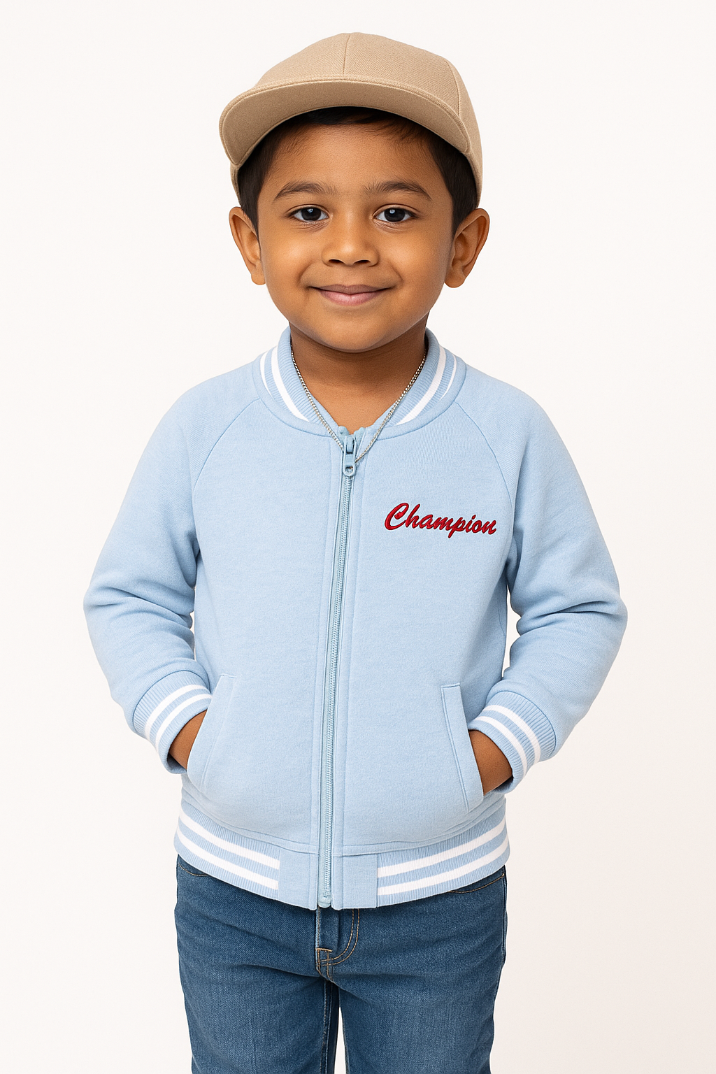 Boys' Blue Varsity Zip-Up Jacket – Stylish Sportswear with Striped Trim