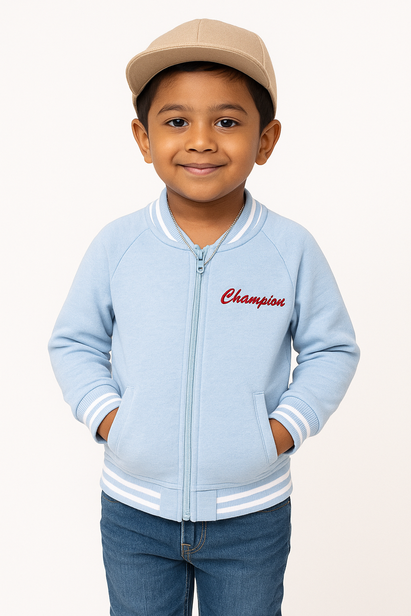Boys' Blue Varsity Zip-Up Jacket – Stylish Sportswear with Striped Trim
