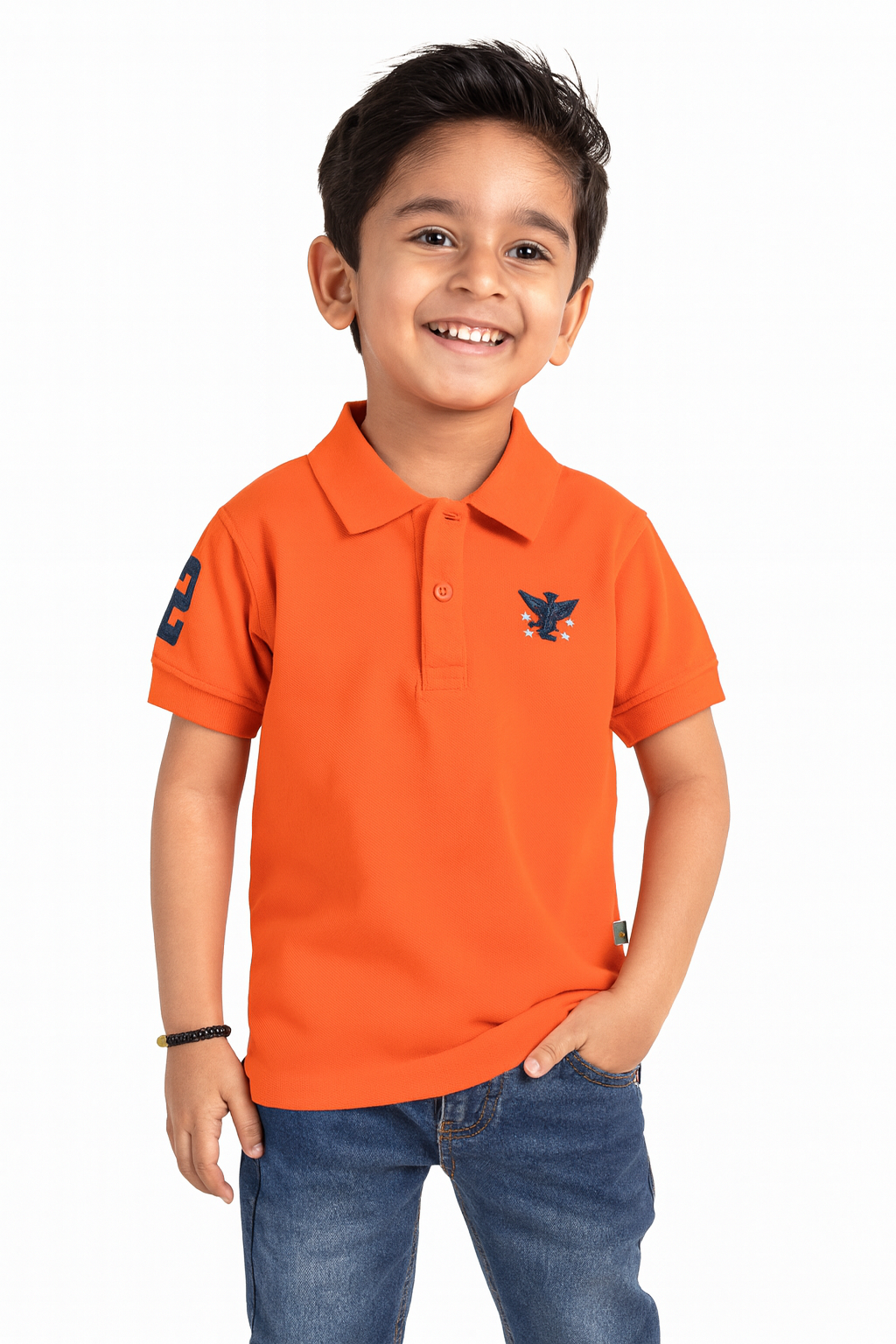 Boys' Orange Polo T-Shirt with Embroidered Logo & Sleeve Number Detail