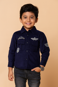 Boys Navy Blue Pilot-Themed Shirt with Embroidered Patches