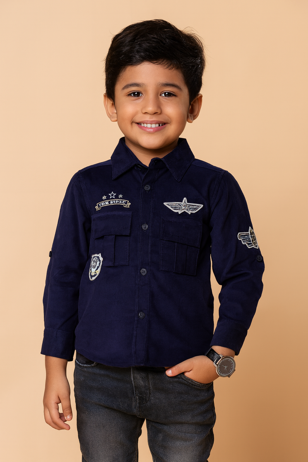 Boys Navy Blue Pilot-Themed Shirt with Embroidered Patches