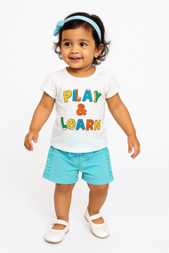 "Girls' Play & Learn T-Shirt and Ruffled Shorts Set – Casual Summer Outfit"