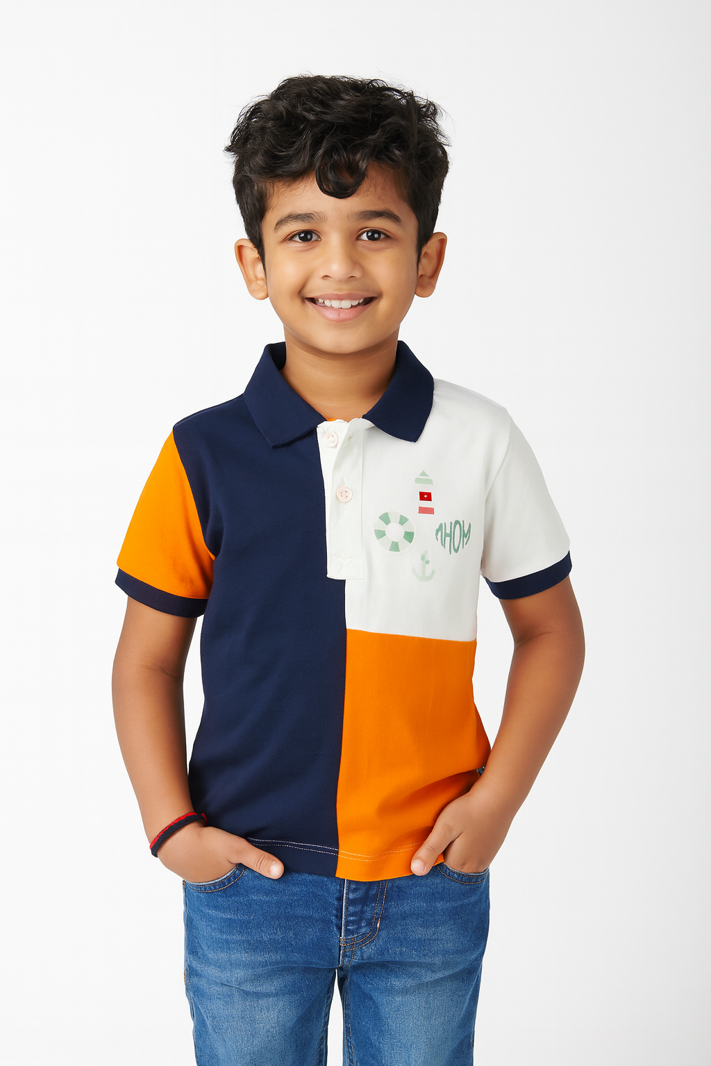 Boys' Nautical Color Block Polo Shirt – Ahoy Print, Short Sleeve