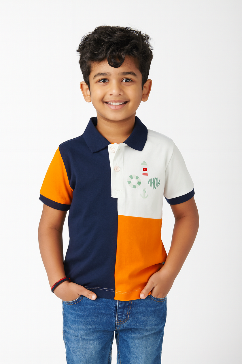 Boys' Nautical Color Block Polo Shirt – Ahoy Print, Short Sleeve