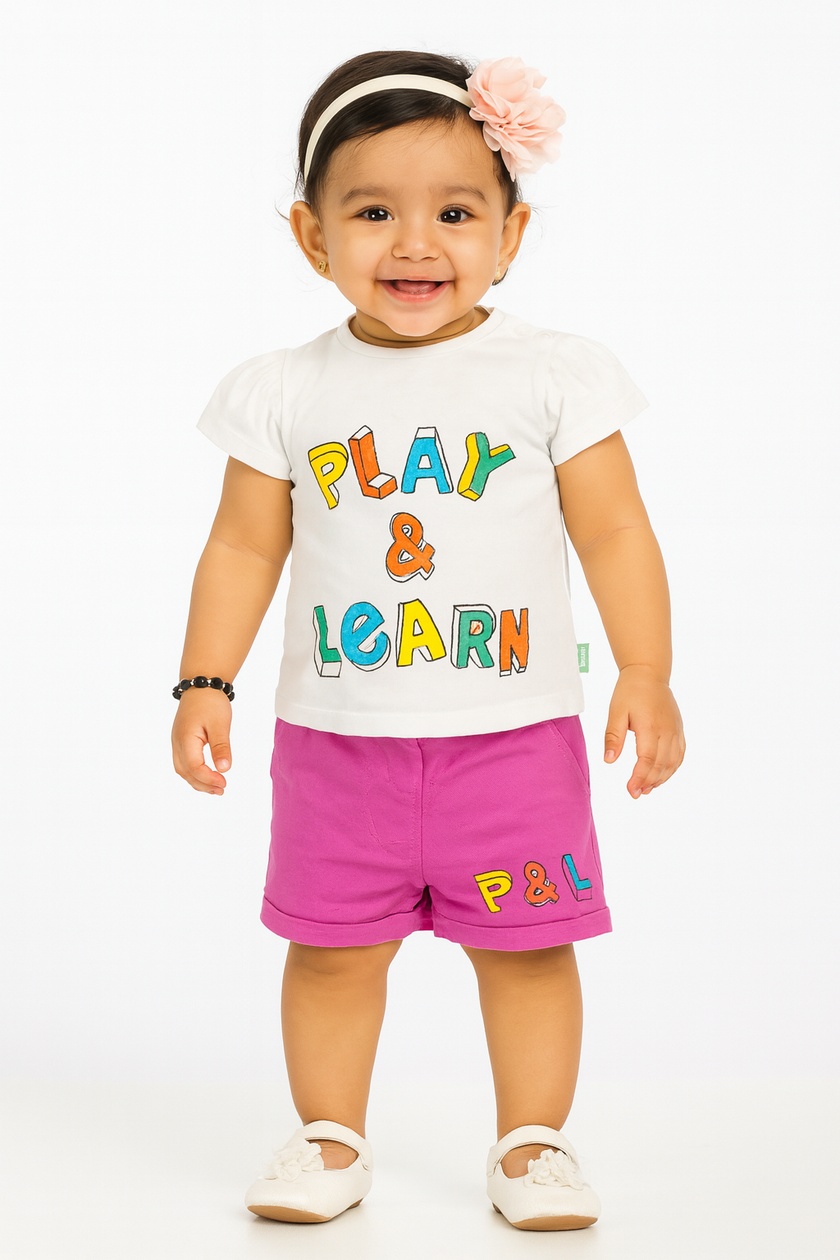 Baby Girls' Play & Learn Outfit Set – Graphic T-Shirt & Pink Shorts, Fun & Casual Wear