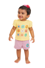 Baby Girls' Floral Fun Outfit Set – Yellow Smiley Flower T-Shirt & Pink Shorts, Cute & Comfortable Summer Wear
