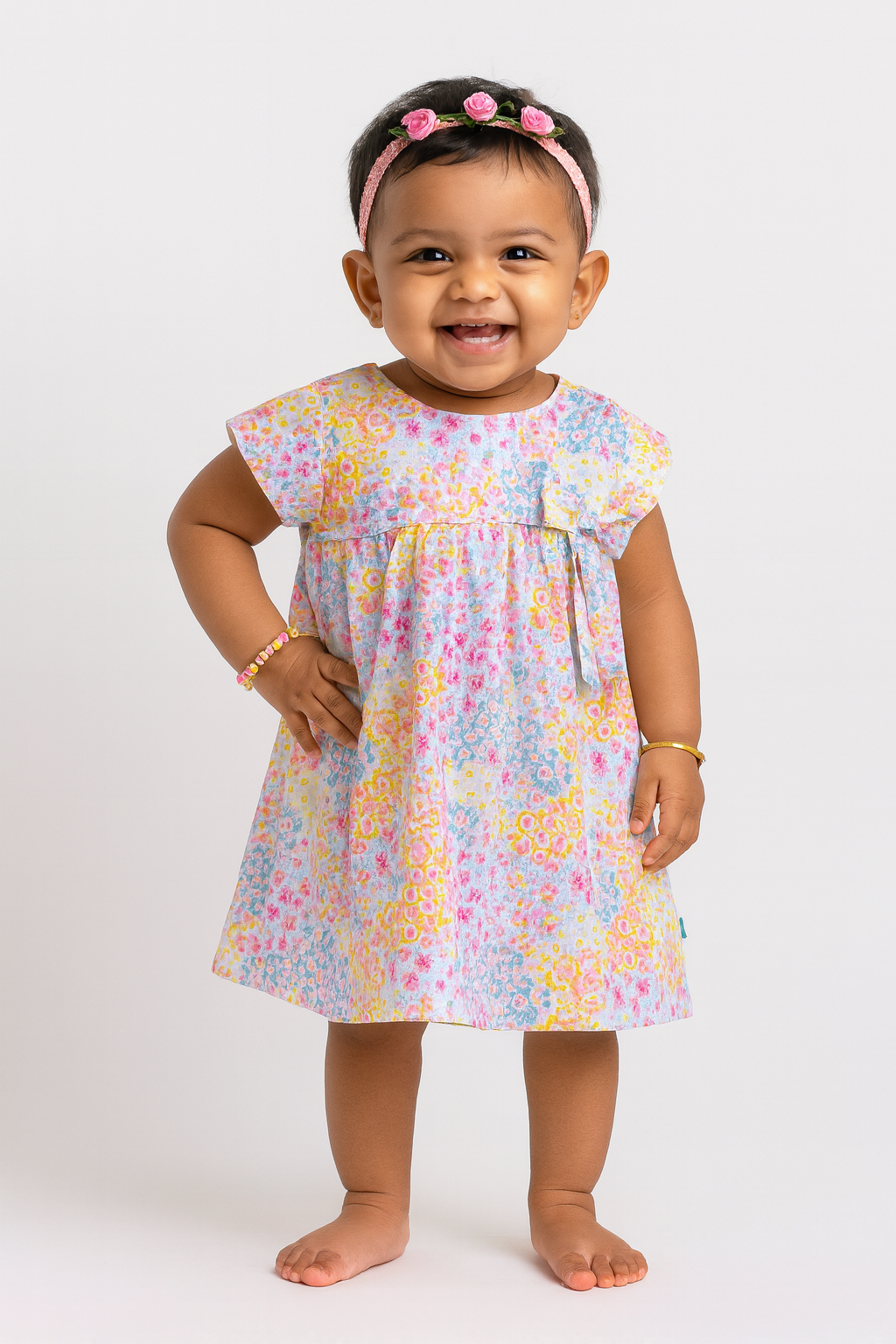 Girls' Multicolor Floral Print Cap Sleeve Dress with Bow Detail