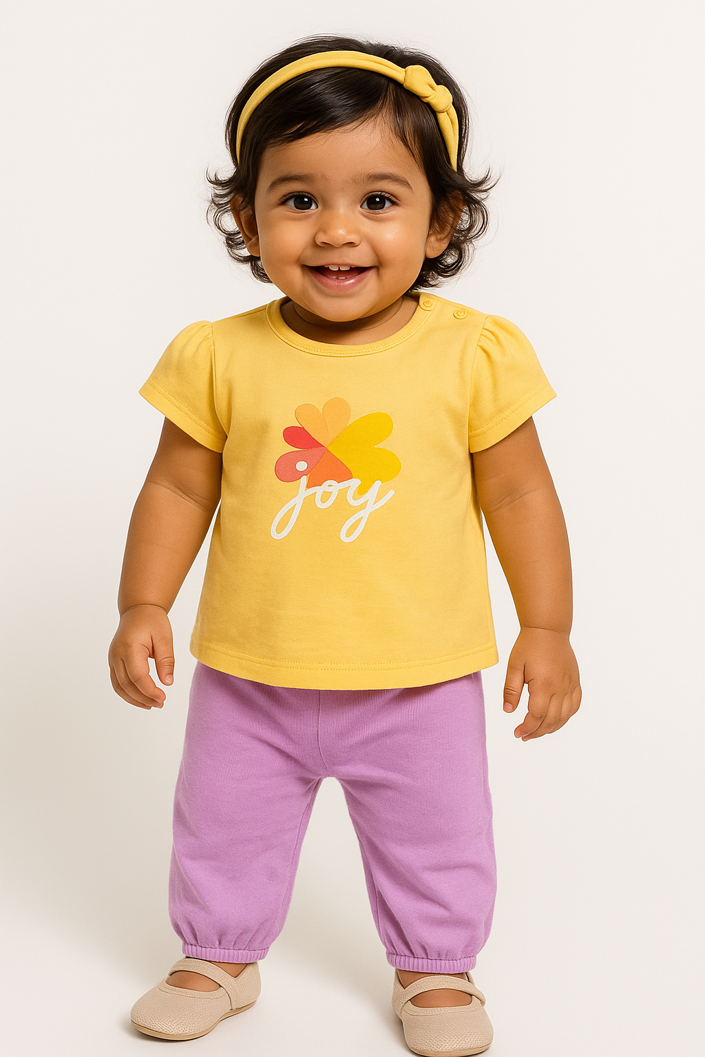 Baby Girls' Yellow "Joy" T-Shirt & Lavender Bow Detail Jogger Set – 2-Piece Outfit