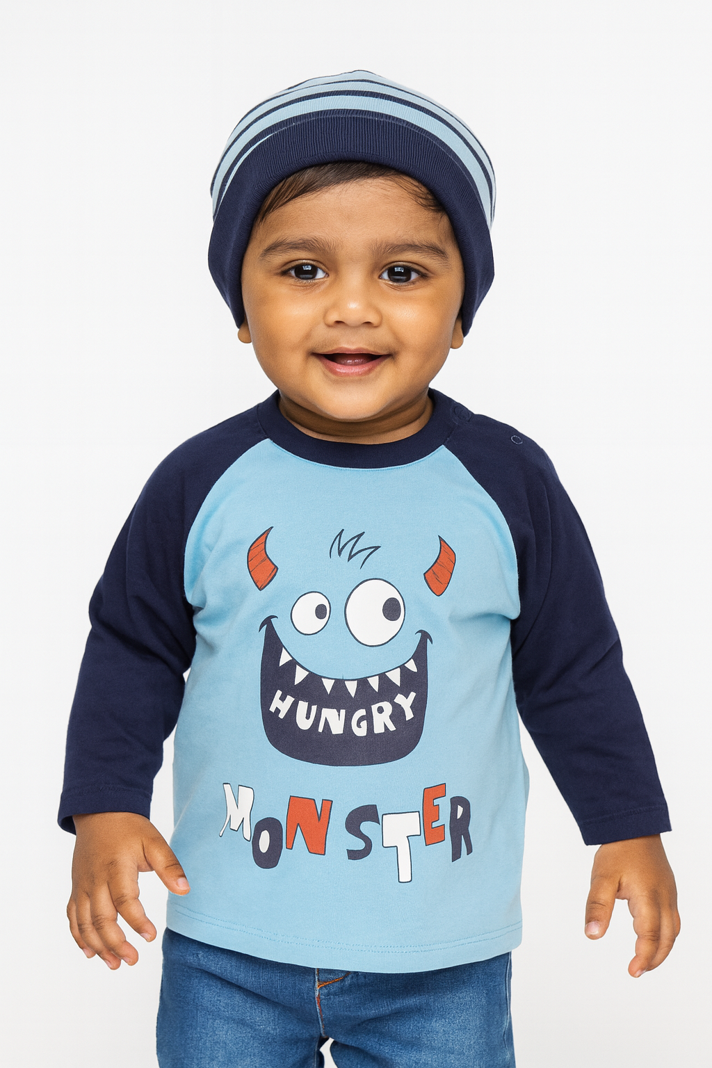 Baby Boys' Hungry Monster Graphic T-Shirt – Long Sleeve Raglan Tee