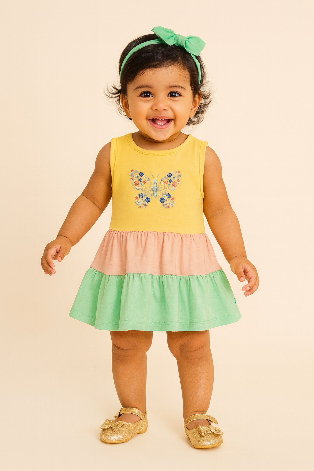 Girls' Yellow Sleeveless Tiered Dress with Butterfly Embroidery