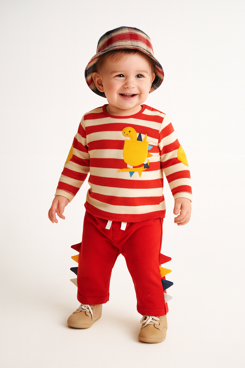 Baby Boys Dinosaur Stripe T-shirt and Spiked Joggers Set – Red & White