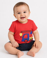 Baby Boys Red Crane Truck Graphic Printed Cotton T-Shirt