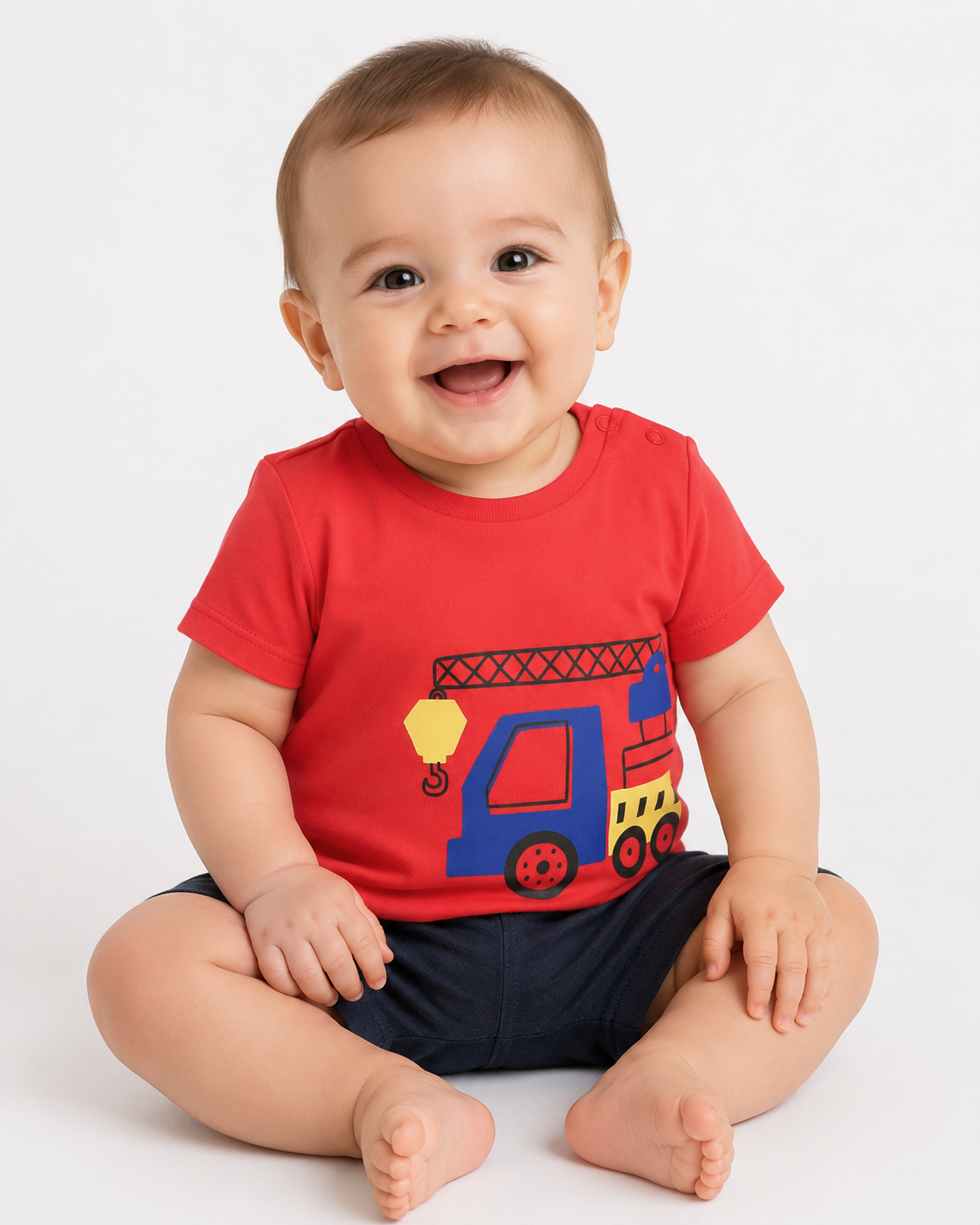 Baby Boys Red Crane Truck Graphic Printed Cotton T-Shirt