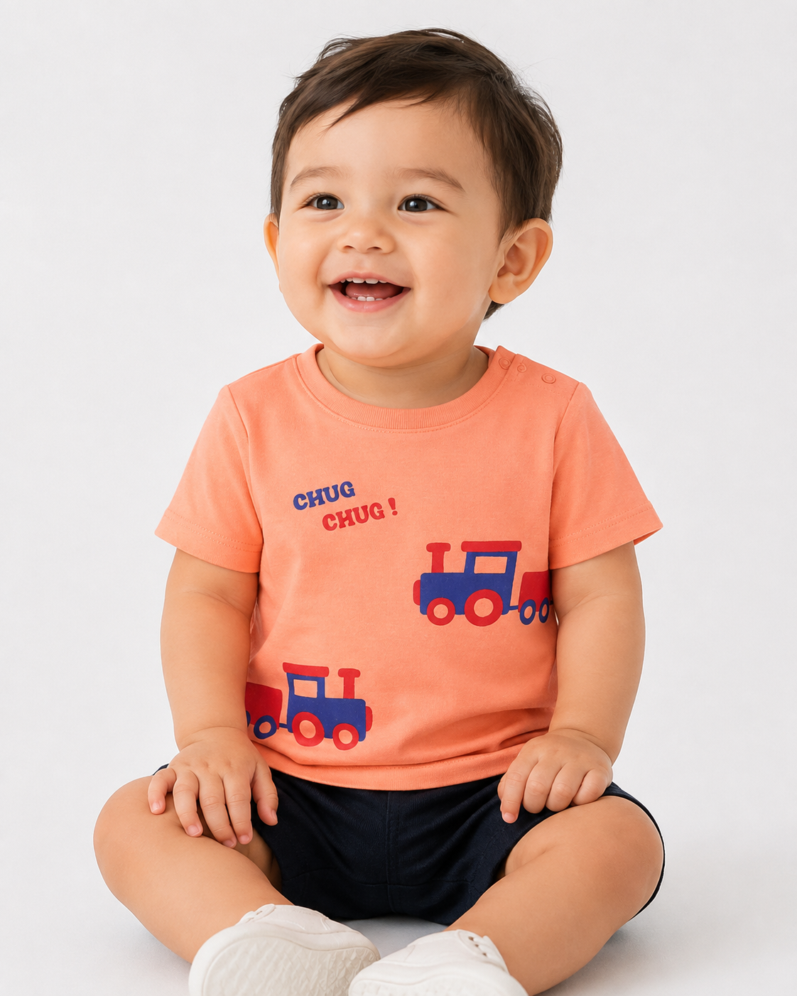 Baby Boys Peach Train Graphic Printed Cotton T-Shirt