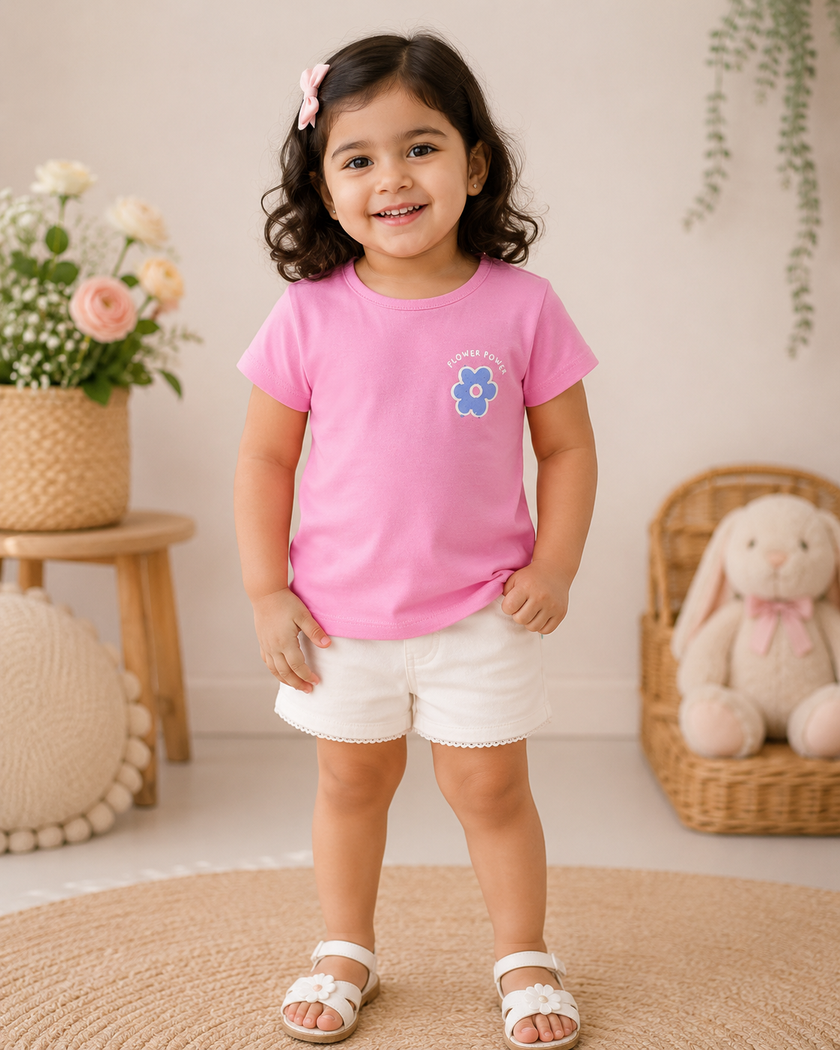 Baby Girls Pink Flower Power Graphic Printed Cotton T-Shirt